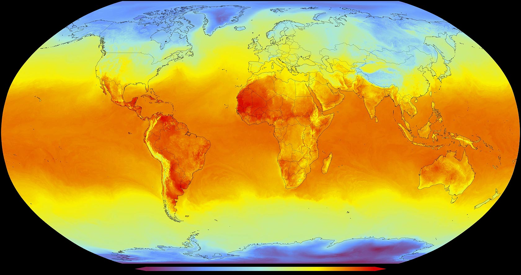 A map of the Earth showing a heat map of the geographic areas close to the equator that receive the most sunlight.